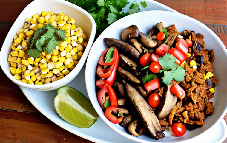 **
A vibrant, colorful spread of vegan fajita ingredients. Focus on fresh bell peppers (red, green, yellow), sliced onions, sautéed mushrooms (shiitake or portobello), and a variety of plant-based proteins like seitan, tempeh, and textured vegetable protein (TVP). Include bowls of guacamole, pico de gallo, and a vegan yogurt sauce. Tortillas (corn or wheat) should be warm and ready to be filled. The overall style should be bright, appetizing, and inviting, showcasing the deliciousness of vegan cuisine.
**
