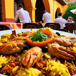 **A vibrant vegan paella being served at an outdoor Spanish restaurant, garnished with saffron and fresh herbs. Focus on the colorful vegetables and plant-based "chicken" (Heura® or seitan), with a backdrop of happy diners and traditional Spanish architecture.**