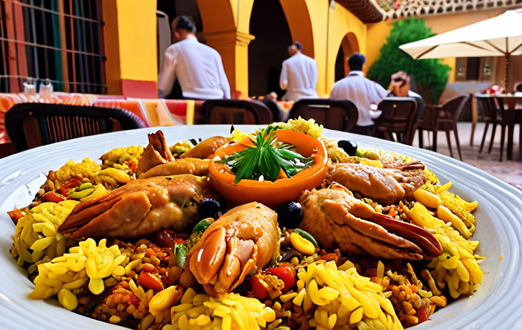 **A vibrant vegan paella being served at an outdoor Spanish restaurant, garnished with saffron and fresh herbs. Focus on the colorful vegetables and plant-based "chicken" (Heura® or seitan), with a backdrop of happy diners and traditional Spanish architecture.**