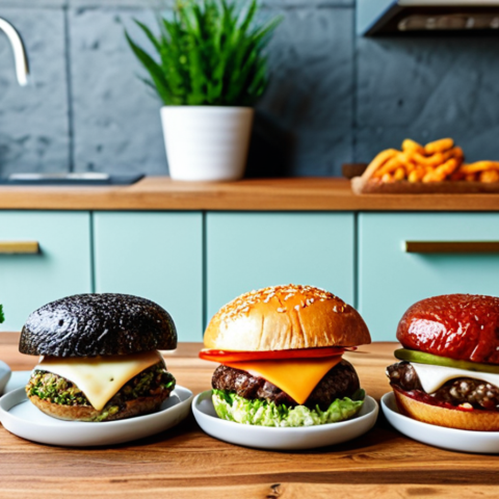 Innovative Vegan Snacks**
"A colorful and appetizing display of alternative meat snacks on a wooden table, including mushroom jerky, vegan sausages, and plant-based burgers. Background shows a bright, modern kitchen. Focus on the texture and visual appeal of the snacks. safe for work, appropriate content, fully clothed, professional food photography, high quality, perfect composition."
**