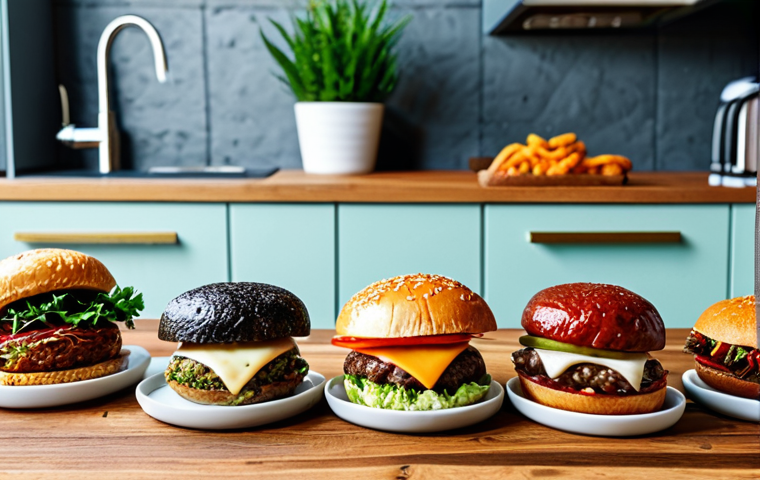 Innovative Vegan Snacks**
"A colorful and appetizing display of alternative meat snacks on a wooden table, including mushroom jerky, vegan sausages, and plant-based burgers. Background shows a bright, modern kitchen. Focus on the texture and visual appeal of the snacks. safe for work, appropriate content, fully clothed, professional food photography, high quality, perfect composition."
**
