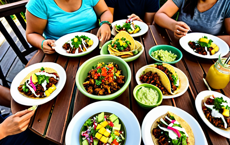 대체육 요리의 대중화 트렌드 - Vegan Taco Fiesta**
"A vibrant and colorful table setting featuring vegan 'carnitas' tacos with pin...