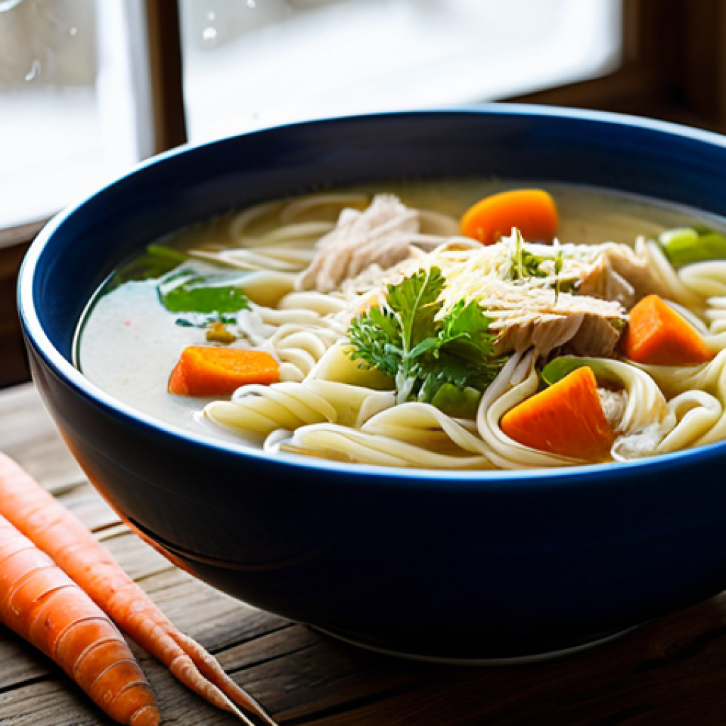 대체육을 활용한 스프 레시피 - Vegan "Chicken" Noodle Soup**
"A comforting bowl of vegan chicken noodle soup, steam rising, on a r...
