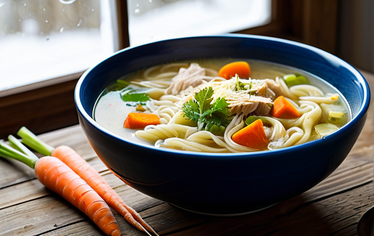 대체육을 활용한 스프 레시피 - Vegan "Chicken" Noodle Soup**
"A comforting bowl of vegan chicken noodle soup, steam rising, on a r...