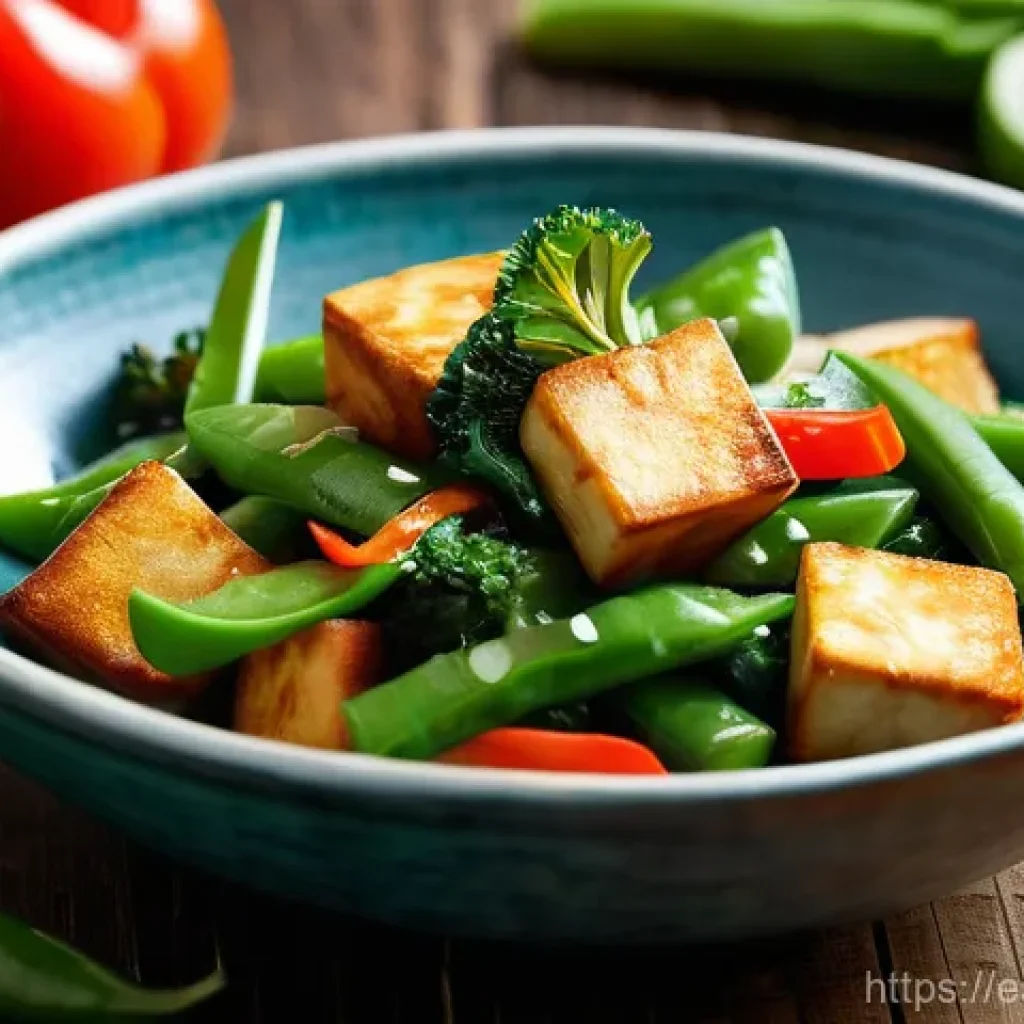 대체육 활용을 위한 비건 요리 팁 - **Prompt:** A close-up, high-angle shot of a vibrant vegan stir-fry, showcasing perfectly golden-bro...
