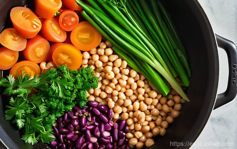 대체육 스튜 요리법 - **Prompt 1: The Vibrant Foundation of a Plant-Based Stew**
"A close-up, top-down shot of a rusti...