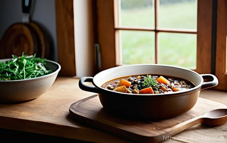 대체육 스튜 요리법 - **Prompt 1: The Vibrant Foundation of a Plant-Based Stew**
    "A close-up, top-down shot of a rusti...