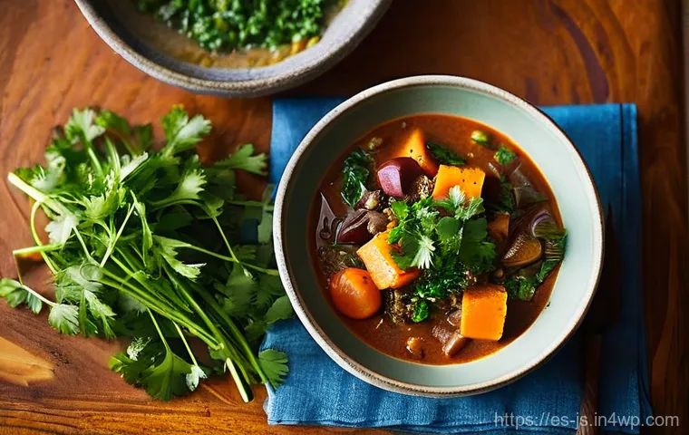 대체육 스튜 요리법 - **Prompt 2: Slow-Simmering Comfort: A Hearty Vegan Stew**
    "An inviting, warm-toned image capturi...
