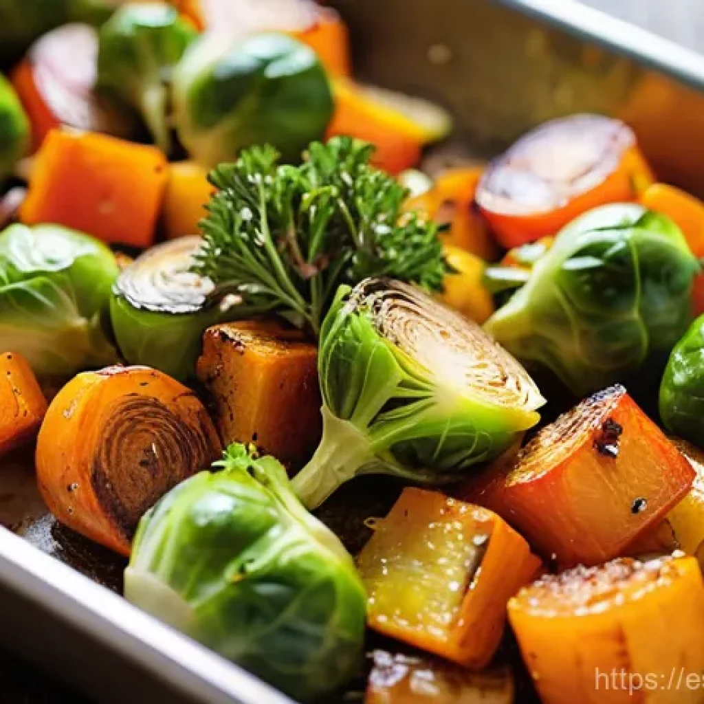 대체육으로 만든 구운 채소 요리법 - **Golden Roast Vegetable Medley:** A close-up, high-angle shot of a vibrant medley of perfectly roas...
