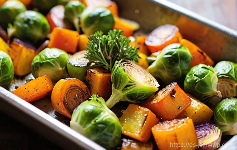 대체육으로 만든 구운 채소 요리법 - **Golden Roast Vegetable Medley:** A close-up, high-angle shot of a vibrant medley of perfectly roas...