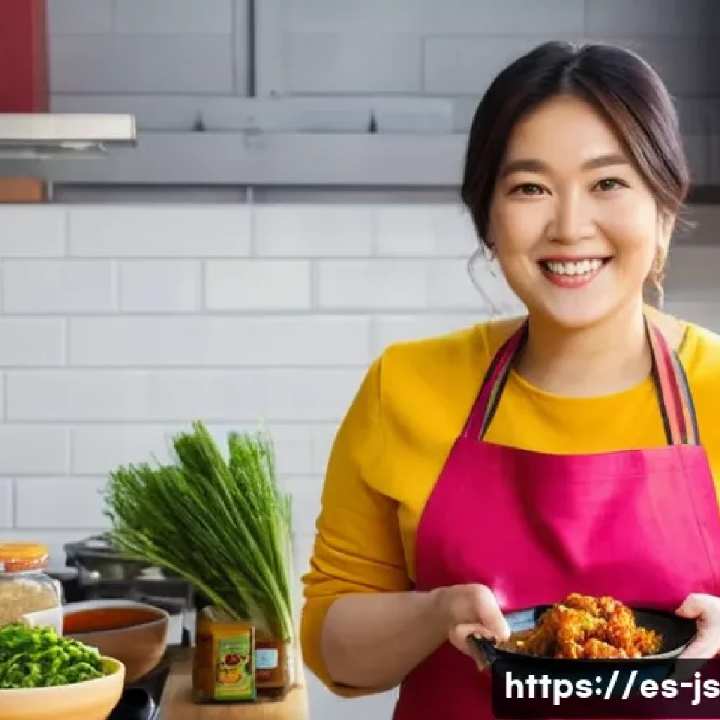 대체육으로 만든 양념치킨 레시피 - **Prompt:** A brightly lit, inviting kitchen scene. A Latina woman in her late 30s, wearing a colorf...