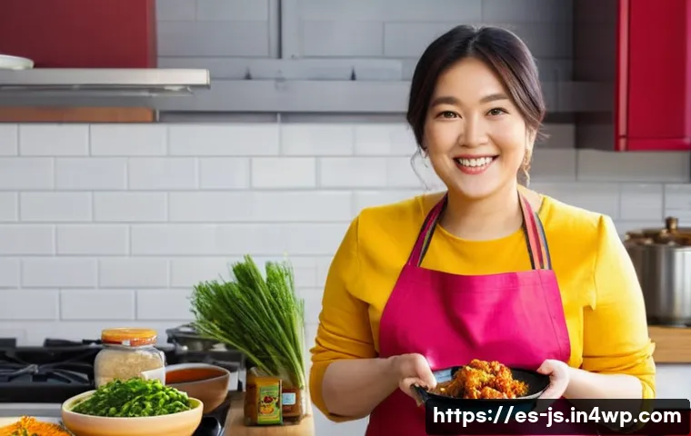 대체육으로 만든 양념치킨 레시피 - **Prompt:** A brightly lit, inviting kitchen scene. A Latina woman in her late 30s, wearing a colorf...