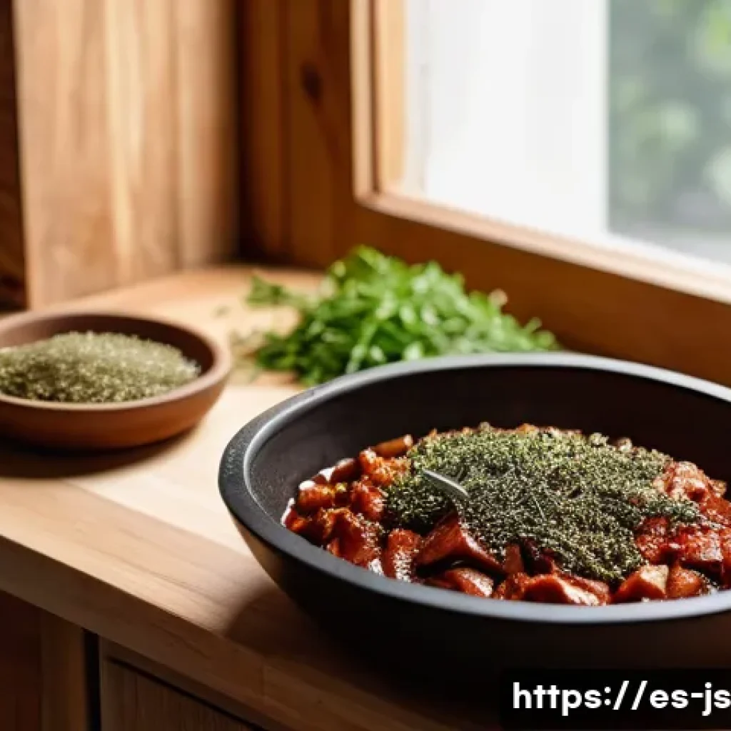 대체육 요리의 맛을 높이는 조리법 - A vibrant Spanish kitchen scene showcasing a chef marinating plant-based meat in a rustic ceramic bo...