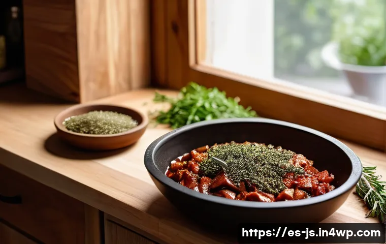 대체육 요리의 맛을 높이는 조리법 - A vibrant Spanish kitchen scene showcasing a chef marinating plant-based meat in a rustic ceramic bo...