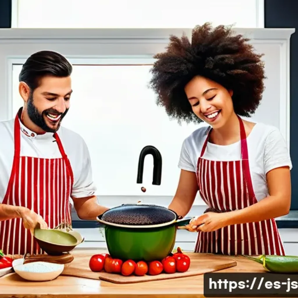 대체육을 활용한 패밀리 레시피 - A vibrant family kitchen scene featuring a diverse Spanish family preparing homemade plant-based mea...