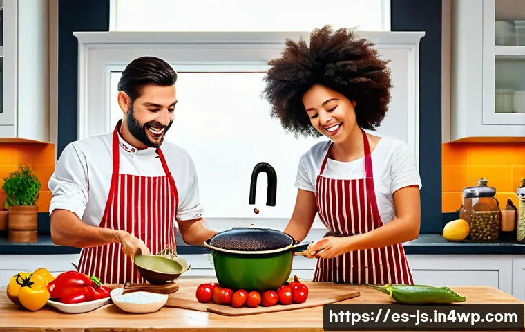 대체육을 활용한 패밀리 레시피 - A vibrant family kitchen scene featuring a diverse Spanish family preparing homemade plant-based mea...