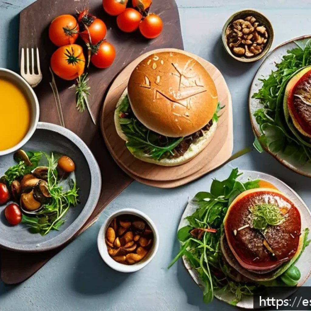 대체육으로 만든 특별한 잔치 요리법 - A festive table setting showcasing gourmet plant-based burgers served on artisanal brioche buns, top...