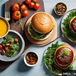 대체육으로 만든 특별한 잔치 요리법 - A festive table setting showcasing gourmet plant-based burgers served on artisanal brioche buns, top...