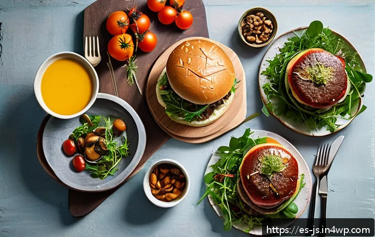 대체육으로 만든 특별한 잔치 요리법 - A festive table setting showcasing gourmet plant-based burgers served on artisanal brioche buns, top...