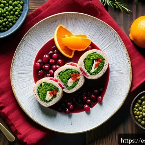 대체육을 활용한 연말 파티 요리 레시피 - A festive holiday table setting featuring a beautifully plated vegan pea protein-based meat roll stu...