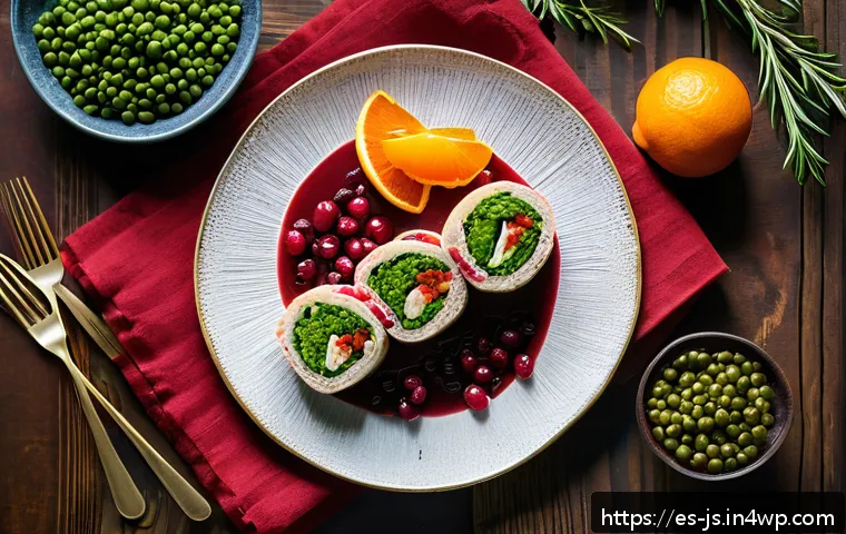 대체육을 활용한 연말 파티 요리 레시피 - A festive holiday table setting featuring a beautifully plated vegan pea protein-based meat roll stu...