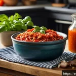 대체육을 활용한 간편한 파스타 레시피 - A vibrant Mediterranean kitchen scene featuring a rustic wooden table set for cooking pasta with pla...