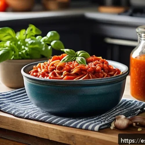대체육을 활용한 간편한 파스타 레시피 - A vibrant Mediterranean kitchen scene featuring a rustic wooden table set for cooking pasta with pla...