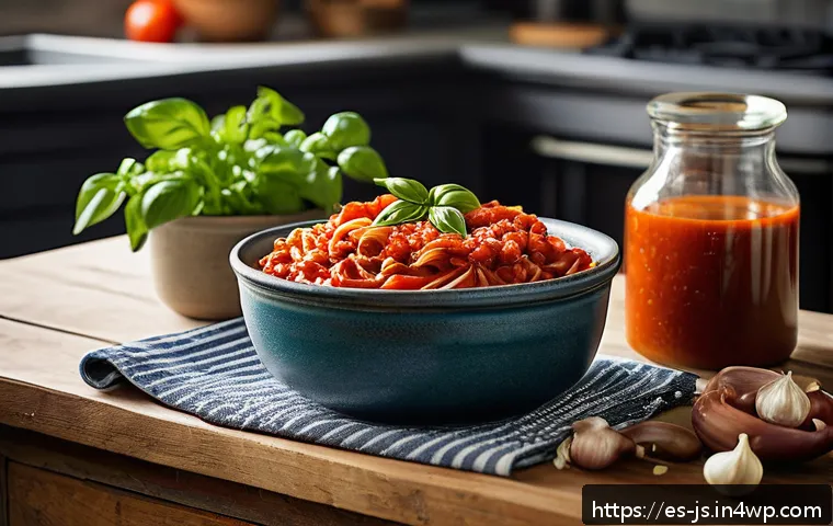 대체육을 활용한 간편한 파스타 레시피 - A vibrant Mediterranean kitchen scene featuring a rustic wooden table set for cooking pasta with pla...