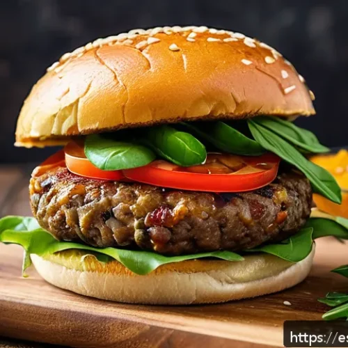 대체육으로 만든 간편한 저녁식사 레시피 - A close-up of a homemade plant-based burger on a rustic wooden plate, featuring a thick, juicy patty...