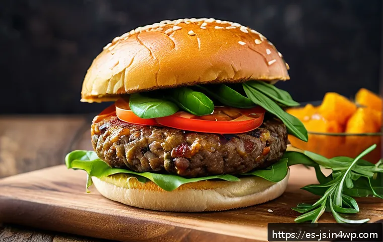 대체육으로 만든 간편한 저녁식사 레시피 - A close-up of a homemade plant-based burger on a rustic wooden plate, featuring a thick, juicy patty...