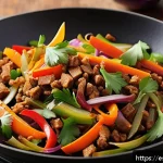 대체육으로 만든 매콤한 볶음요리법 - A vibrant and colorful vegetable stir-fry scene featuring textured soy protein as the main ingredien...