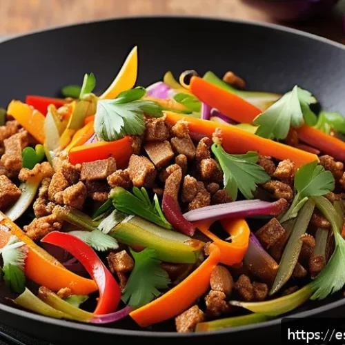 대체육으로 만든 매콤한 볶음요리법 - A vibrant and colorful vegetable stir-fry scene featuring textured soy protein as the main ingredien...