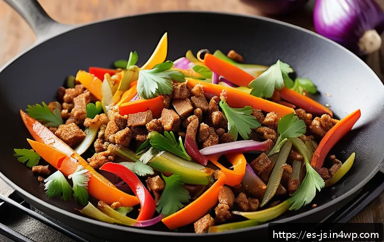 대체육으로 만든 매콤한 볶음요리법 - A vibrant and colorful vegetable stir-fry scene featuring textured soy protein as the main ingredien...