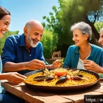 대체육 요리의 문화적 배경 - A warm, multigenerational Spanish family gathering around a rustic wooden table set outdoors in a su...