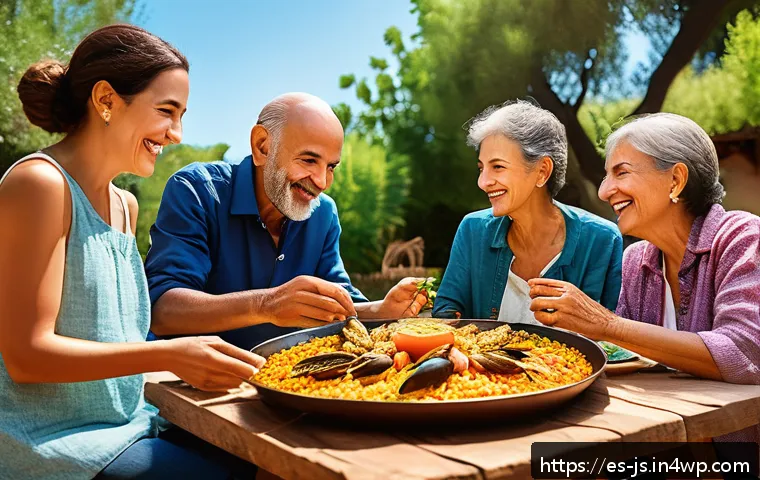 대체육 요리의 문화적 배경 - A warm, multigenerational Spanish family gathering around a rustic wooden table set outdoors in a su...