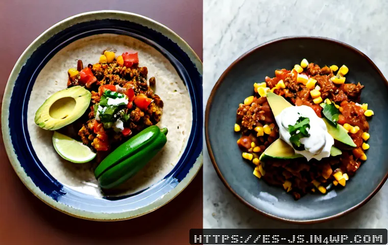 Home 17 대체육 요리의 지역별 레시피 차이 - Photorealistic overhead food photography comparing two regional plant-based meat dishes for Spanish-...