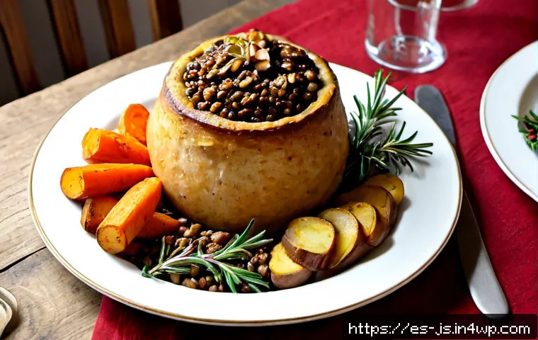 Home 17 대체육으로 만든 크리스마스 특별 요리법 - Photorealistic festive Spanish Christmas dinner table featuring a golden-brown plant-based roast as ...