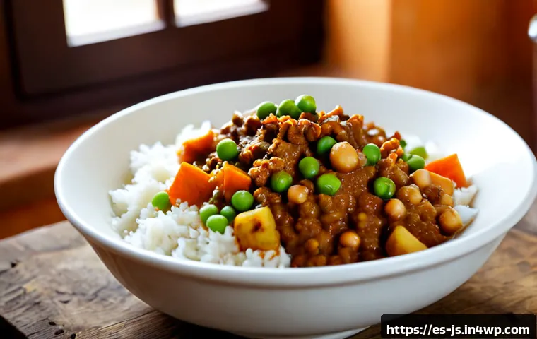 대체육으로 만든 맛있는 채식 카레 레시피 - Photorealistic close-up of a steaming bowl of rich vegetarian curry made with browned plant-based mi...