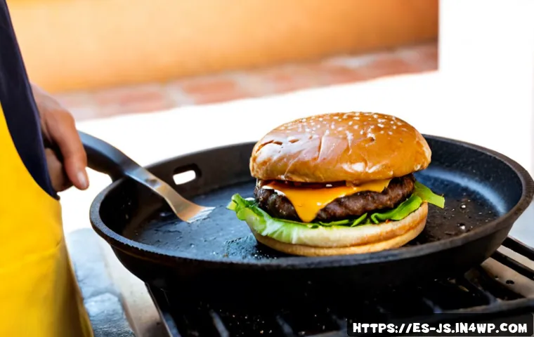 Home 17 대체육 조리 시 흔히 하는 실수 - Photorealistic Spanish home kitchen, close-up of an overcooked plant-based burger patty left too lon...
