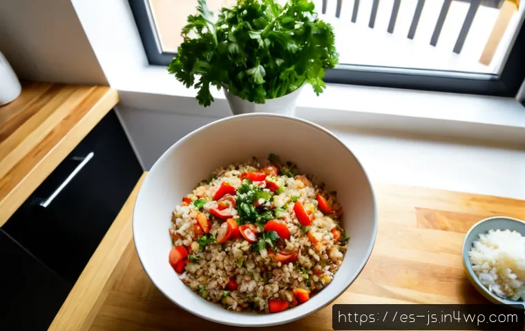 Home 17 대체육 덮밥 요리법 - Photorealistic overhead food preparation scene for a plant-based minced meat rice bowl, hands sautéi...